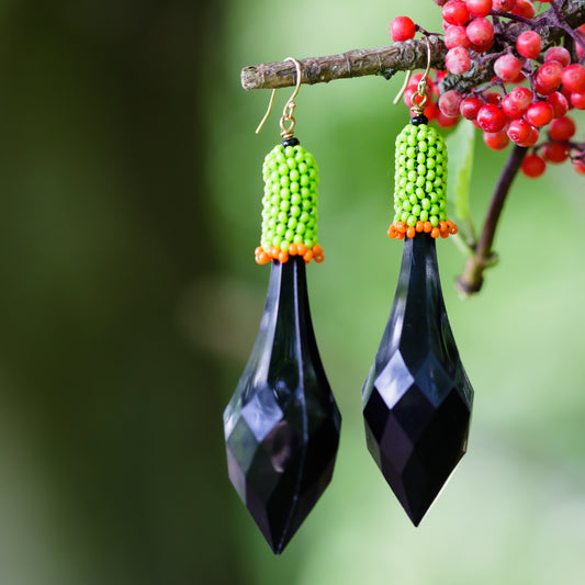 Black Chandelier Drop Earrings with Handbeaded Details