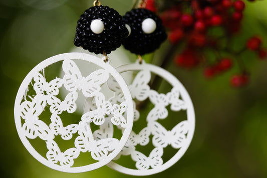 Black and White Handbeaded Butterfly Earrings