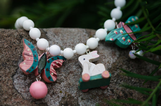 Handmade Wooden Butterflies & White Rabbit Necklace | Hopetown & Hunter