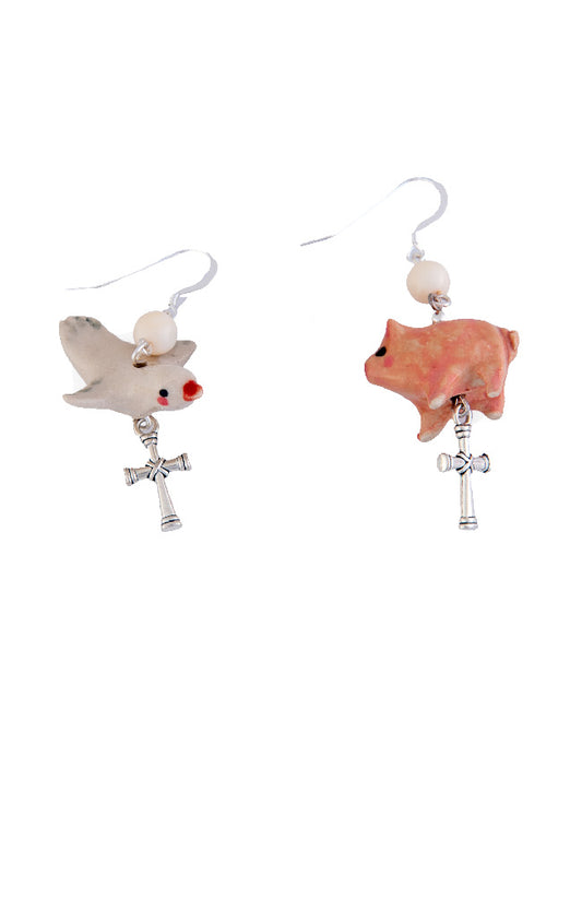 Handmade Ceramic Pig and Bird Drop Earrings