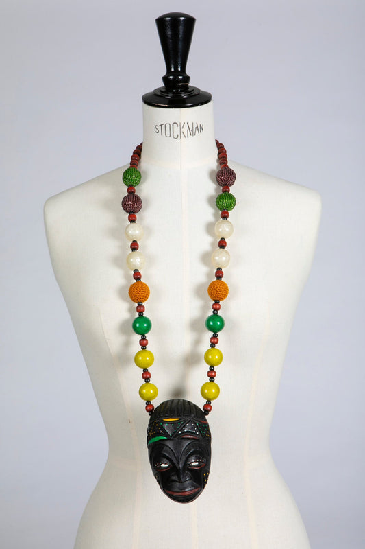 Long Wood Mask Necklace with Yellow, Green and Orange Beads | Hopetown & Hunter