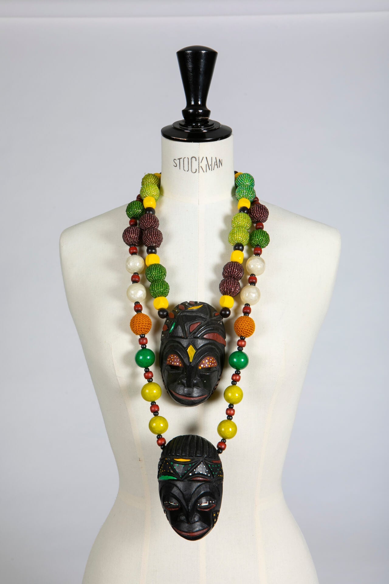 Long Wood Mask Necklace with Yellow, Green and Orange Beads | Hopetown & Hunter