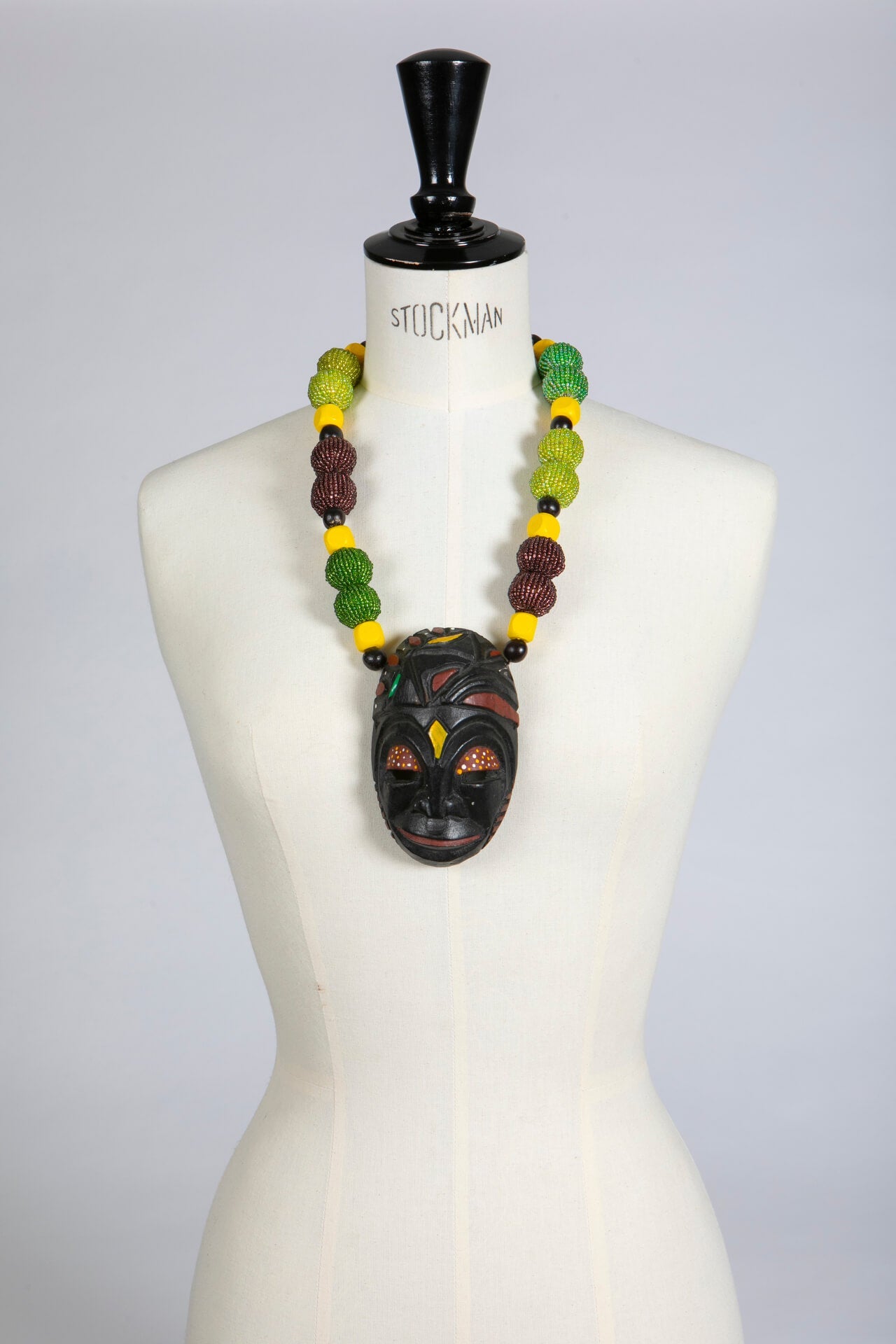 Short Wood Mask Necklace with Yellow, Green and Brown Beads | Hopetown & Hunter