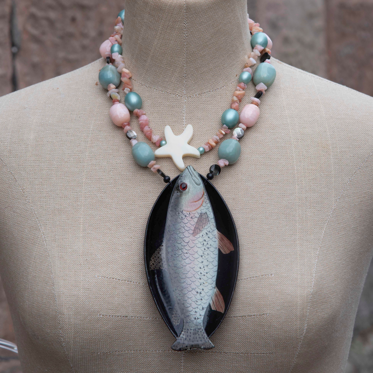 Papier Mache Fish on Pink and Blue Necklace